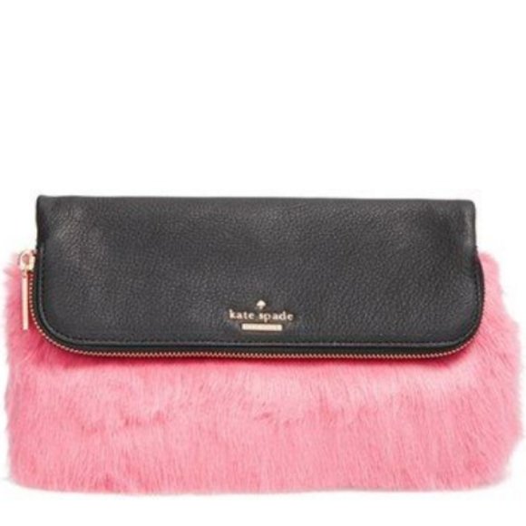 kate spade evening belles steffe faux fur pink black leather clutch purse bag - Picture 3 of 16